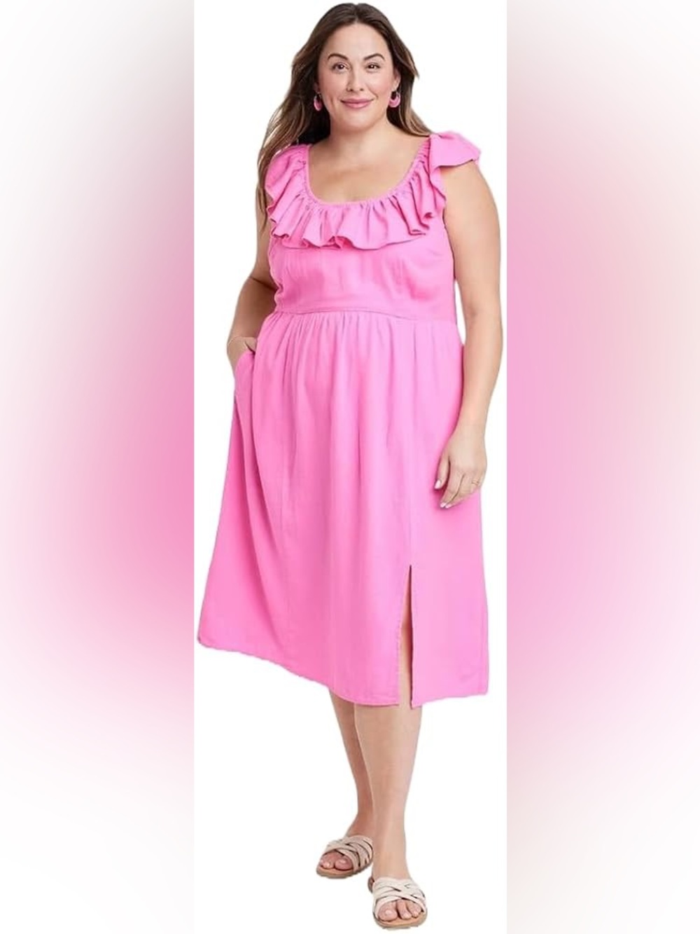 Ava & Viv Pink Ruffle Maxi Midi Empire Waist Dress, Plus Size Women’s 1X